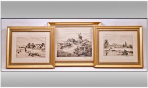 Three Robert H Smith Signed Black and White Etchings. Comprising `The MIll on the Ridge`. A Peep at