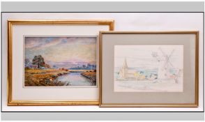 Two Framed Pictures comprising one river landscape unsigned and Lytham Windmill signed Hopkin.