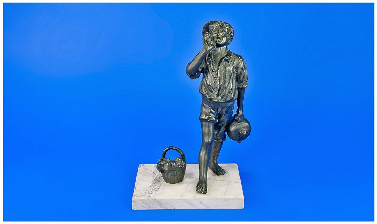 Spelter Figure of a Drink Street Vendor, the boy shown in loose open neck shirt with rolled up