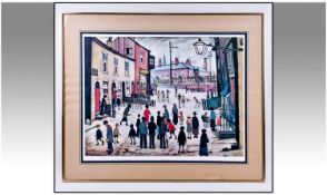 A Large Framed Lowry Print, titled `A Procession` in brass metal slip frame. 31 x 26 inches.