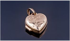 Small 9ct Gold Heart Shaped Locket, Engraved ``Best Mum``.