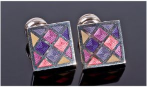 An Attractive Pair of Silver and Enamel Cufflinks, square shaped with fixed links and ball