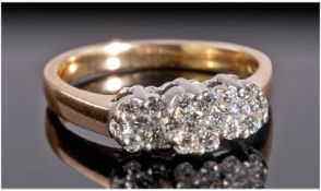 14ct Gold Diamond Cluster Ring, Set With Three Clusters Of Round Modern Brilliant Cut Diamonds,