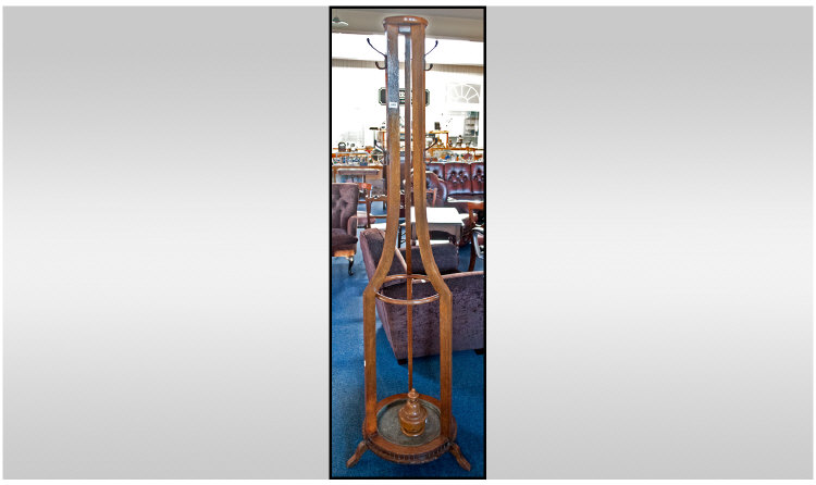 1920`s Golden Oak Coat Stand, Three Shaped Supports With Central Ring, And Metal Drip Tray To Base,