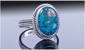 Mohave Turquoise Ring, the Oval 5.5ct Copper Turquoise Stone Bezel Set In a Hand Made Sterling