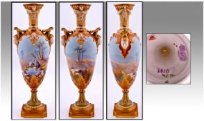 Royal Worcester Very Fine Signed And Hand Painted Two Mask Handle Vase. Storks at the waterhole