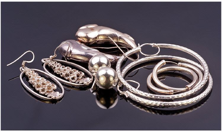 Six Pairs Of Silver Earrings, Various Designs.