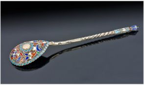 Russian - Fine 19th Century Silver and Enamel Spoon. Full Russian and Silver Marks 1897. 4.5 Inches
