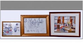 Jill W. Aldersley. A collection of 3 Watercolours, Mounted and Framed.  (a) EDEN VALLEY BAND Pencil