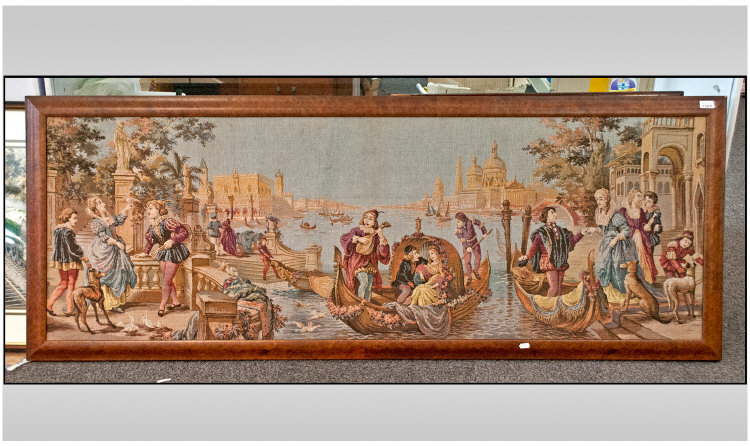 A Framed Continental Tapestry Picture Depicting gondolas and romantic figures on the grand canal