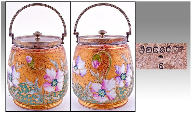Austrian/German Nineteenth Century Handpainted Porcelain Swing Handle Lidded Basket Barrel with