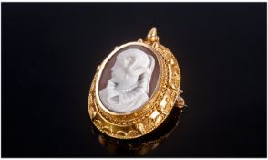 15ct Gold Mounted Shell Cameo, Depicting Mary Queen Of Scots. Unmarked Tests High Carat. Frame 26 x