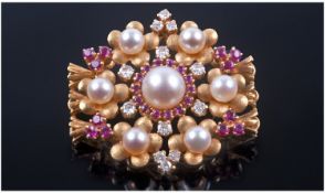 Impressive Vintage 18 Carat Gold Pearl, Ruby and Diamond Set Brooch, The diamonds are of good