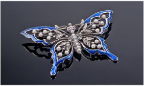 Blue Enamelled Butterfly Brooch, Of Openwork Form Set With Seed Pearls And Ruby Set Eyes. 30 x 48mm