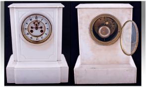 A Large French White Marble Mantel Clock, with an enamel chapter ring with visible escapement to