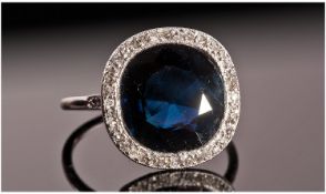 Sapphire And Diamond Ring, Large Central Cushion Cut Sapphire (Approx 4.5cts) Surrounded By Old Cut
