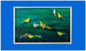Mavis Evans 20th Century Artist `Birds`. Oil on board. Signed and dated. Framed. 18.5 x 30 inches.