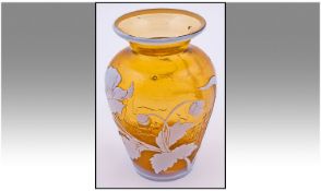 Yellow Cameo Glass Vase of Baluster Form, finely wheeled cut decoration of a flowering poppy