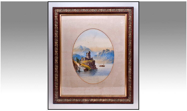 19th Century Unsigned Watercolour Of An Italian Lake/River Scene, with ruins of a castle and