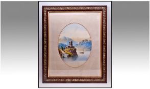 19th Century Unsigned Watercolour Of An Italian Lake/River Scene, with ruins of a castle and