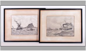 Pair Of Pencil Drawings. Circa 1940`s. A view of `Gilbaltra` with battleship and submarine with a