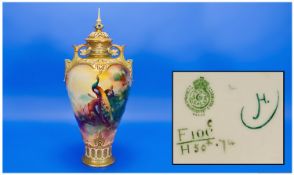 Royal Worcester Fine Hand Painted Two Handle Large Lidded Vase ``Peacock and Peahen`` in a woodland