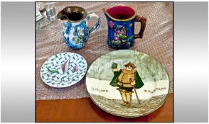 Small Collection of Ceramics comprising Majollica jug by Shorter, Devon pottery stoneware jug,