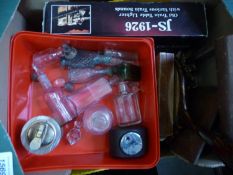 Box of Collectables, including medicine bottles, tortoiseshell hand mirror, tabletop lighters,