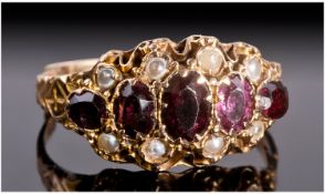 Victorian 15ct Gold Ring, Set With Five Graduating Amethyst Coloured Stones Between Seed Pearls,