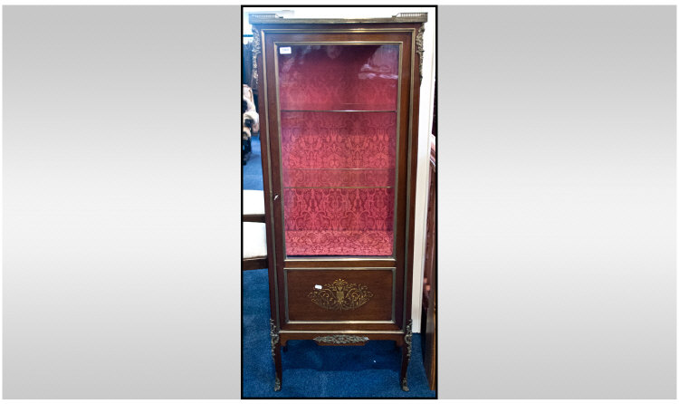 Late 19thC Mahogany French Vitrine, Pink Marbled Top With Gilt Metal Mounts, Glazed Door And Side