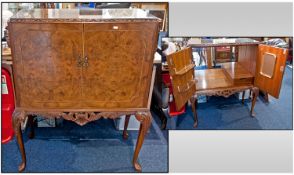 1950`s Walnut Cocktail Unit, Queen Anne Style, Fitted Interior With Mirrored Back, Raised On Carved