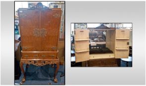 Queen Anne Style Burr Walnut Cocktail Cabinet, carved wood base. The cupboard top fitted inside