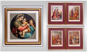 Five Coloured Prints comprising one of Madonna and Child and Four Biblical Scenes.