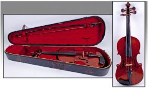 Cased Violin And Bow, Factory Made. No Paper Label. Early To Mid 20thC