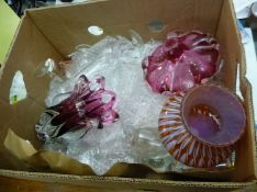 Box Of Assorted Glass Ware. Including coloured glass pieces of various colours, drinking glasses,