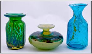 Mdina Studio Glass, Three Coloured Vases In Turquoise And Greens. Tallest 7 Inches.