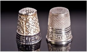 Two Greek Silver Thimbles. Both with Greek Key borders. (one enamelled in black). Unmarked but