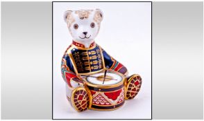 Royal Crown Derby Paperweight ` Drummer Bear ` Gold Stopper. Retired 2004. 1st Quality and Mint