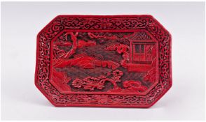 A Chinese Cinnabar Oblong Tray Of Small Size. Depicting to the centre a classical Chinese garden