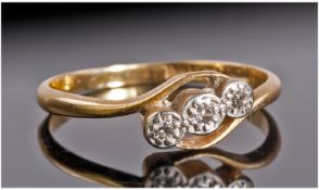 18ct Gold Diamond Ring Set With Three Round Cut Diamonds On A Twist, Stamped 18ct Plat, Ring Size L