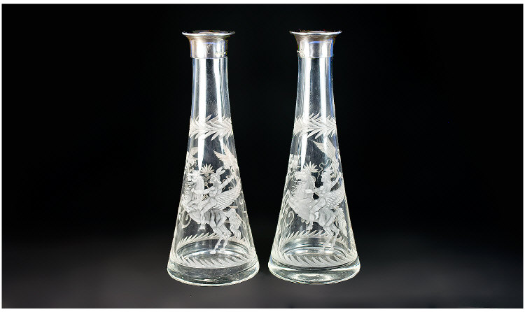 A Very Fine Pair of Silver Topped/Banded Etched and Cameo Tapering Glass Vases. Decorated with