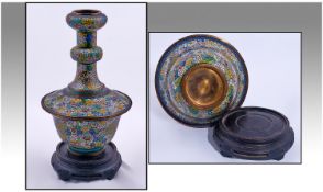 Chinese Cloisonne Vase. c.1920`s with multicoloured exotic floral decoration. Raised on circular