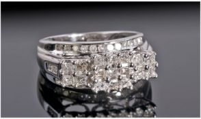 9ct White Gold Diamond Cluster Ring Set With Princess And Baguette Cut Diamonds, Fully Hallmarked,