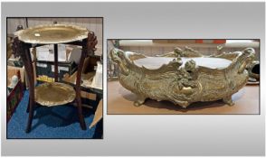 French Brass Oval Shaped Jardiniere with wood folding tray stand, with 2 brass trays.