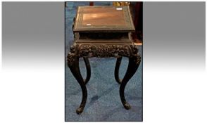 Japanese Stained Carved Wood Urn Stand on carved shaped cabriole legs and carved chrysanthemum