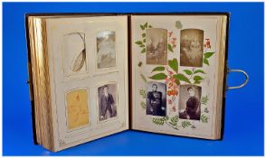 Victorian Leather Bound Photo Album, hand painted decoration, contains Victorian family photos.