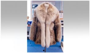 Wolf Fur Jacket with Light Blonde Fox Trim, luxurious long haired wolf, self lined collar with