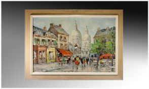 A Large Oil Painting Of A Paris Street Scene. Circa 1970`s. Framed. 23 x 35 inches.