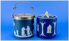 19thC Wedgwood Jasperware Biscuit Barrel, Depicting A Greek Classical Scene, EPNS Rim, Cover And