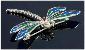 Silver Enamelled Brooch, Realistically Modelled In The Form Of A Dragonfly. Stamped 925